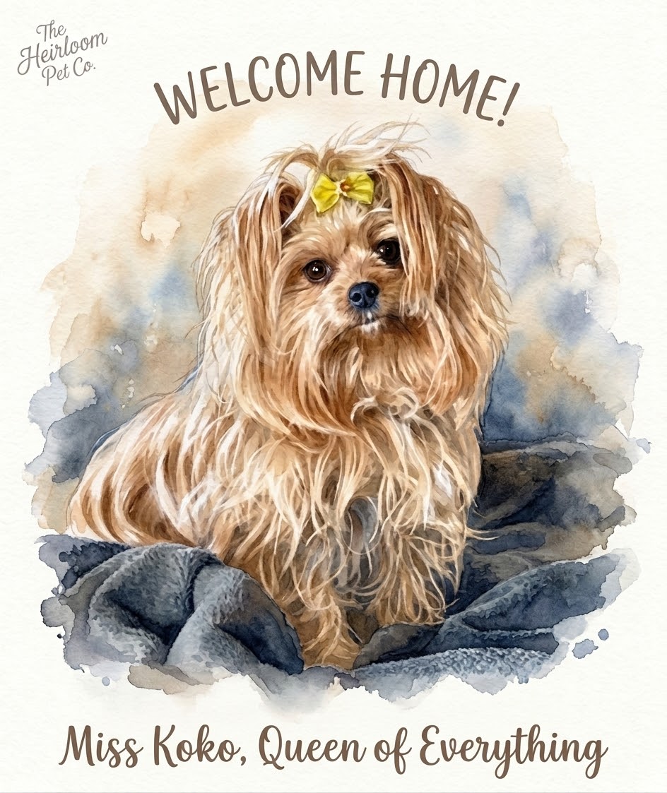 Watercolor portrait of Miss Koko, a Yorkshire terrier with a yellow bow