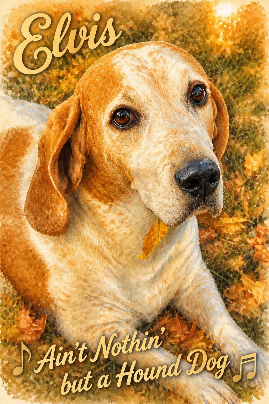 Watercolor portrait of Elvis, a hound dog lying in autumn leaves with the banner Ain't Nothin' but a Hound Dog