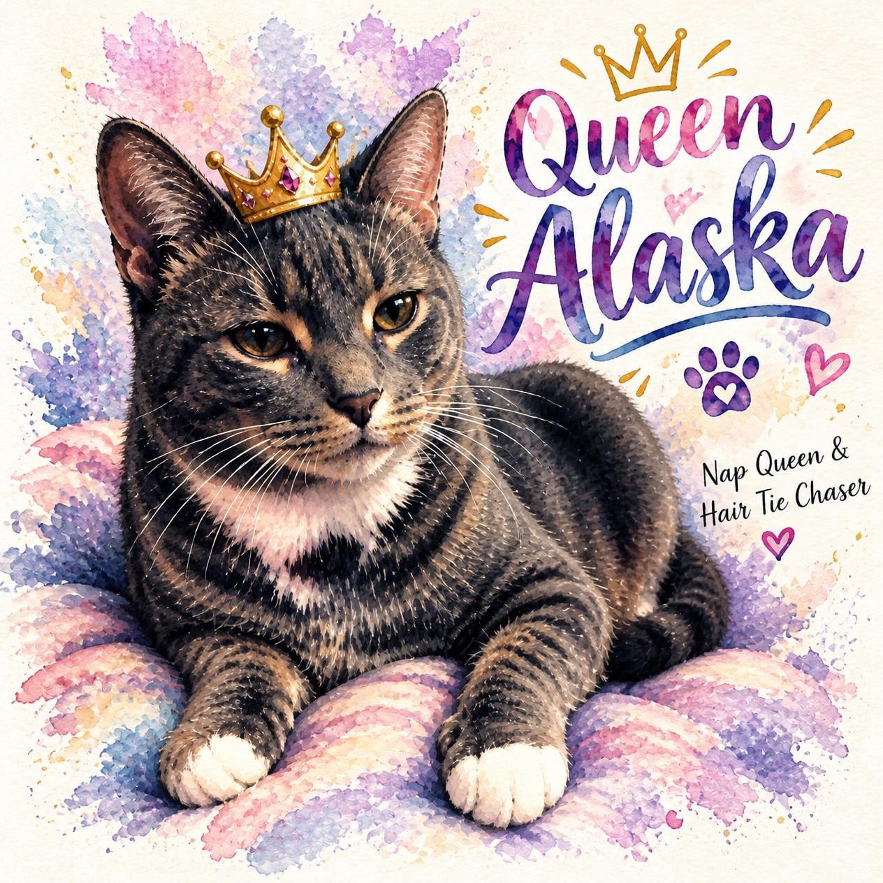 Watercolor portrait of Queen Alaska, a tabby cat wearing a golden crown on a purple pillow