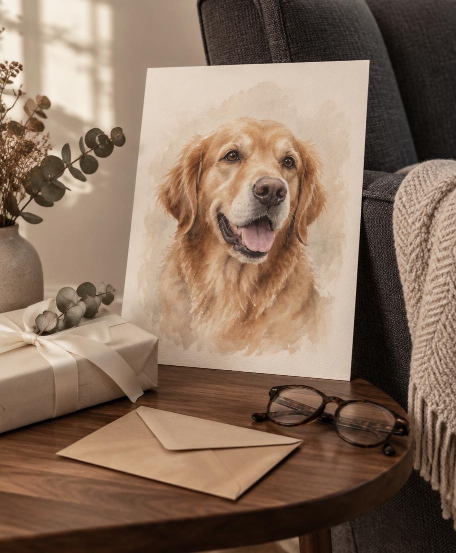 An 8 by 10 watercolor pet portrait on cream paper leaning beside ivory gift ribbon and a kraft envelope